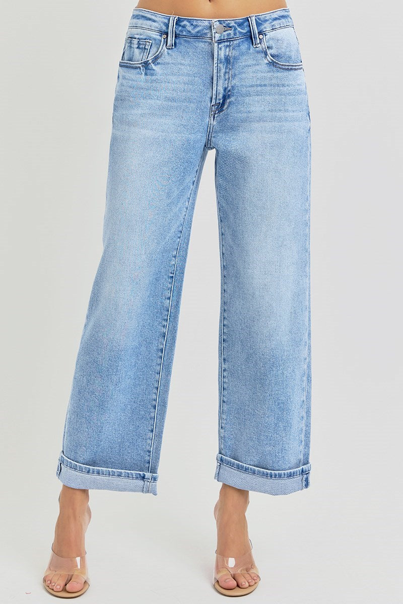 High Rise Barrel Leg Cuffed Jeans