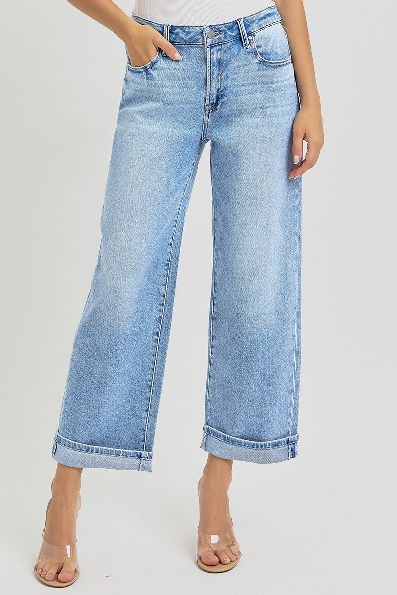 High Rise Barrel Leg Cuffed Jeans