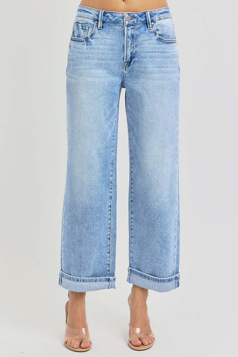 High Rise Barrel Leg Cuffed Jeans