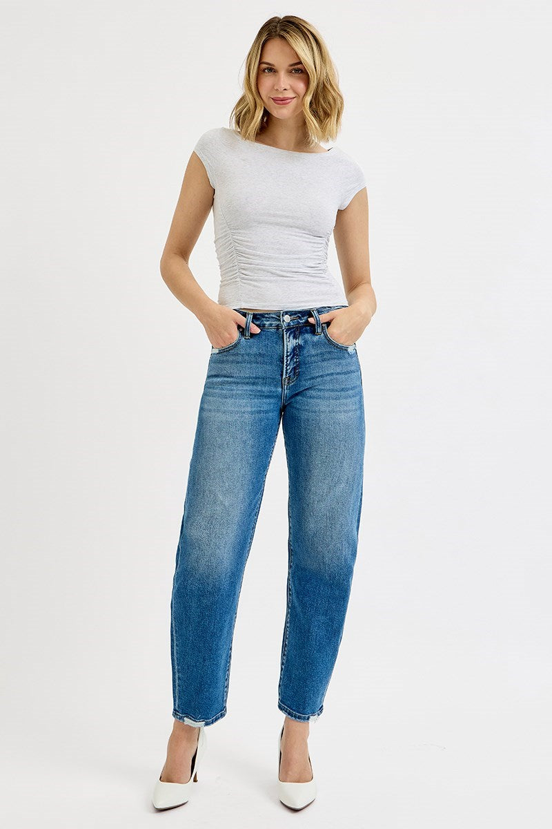 Medium Blue Tummy Tuck Barrel Jeans