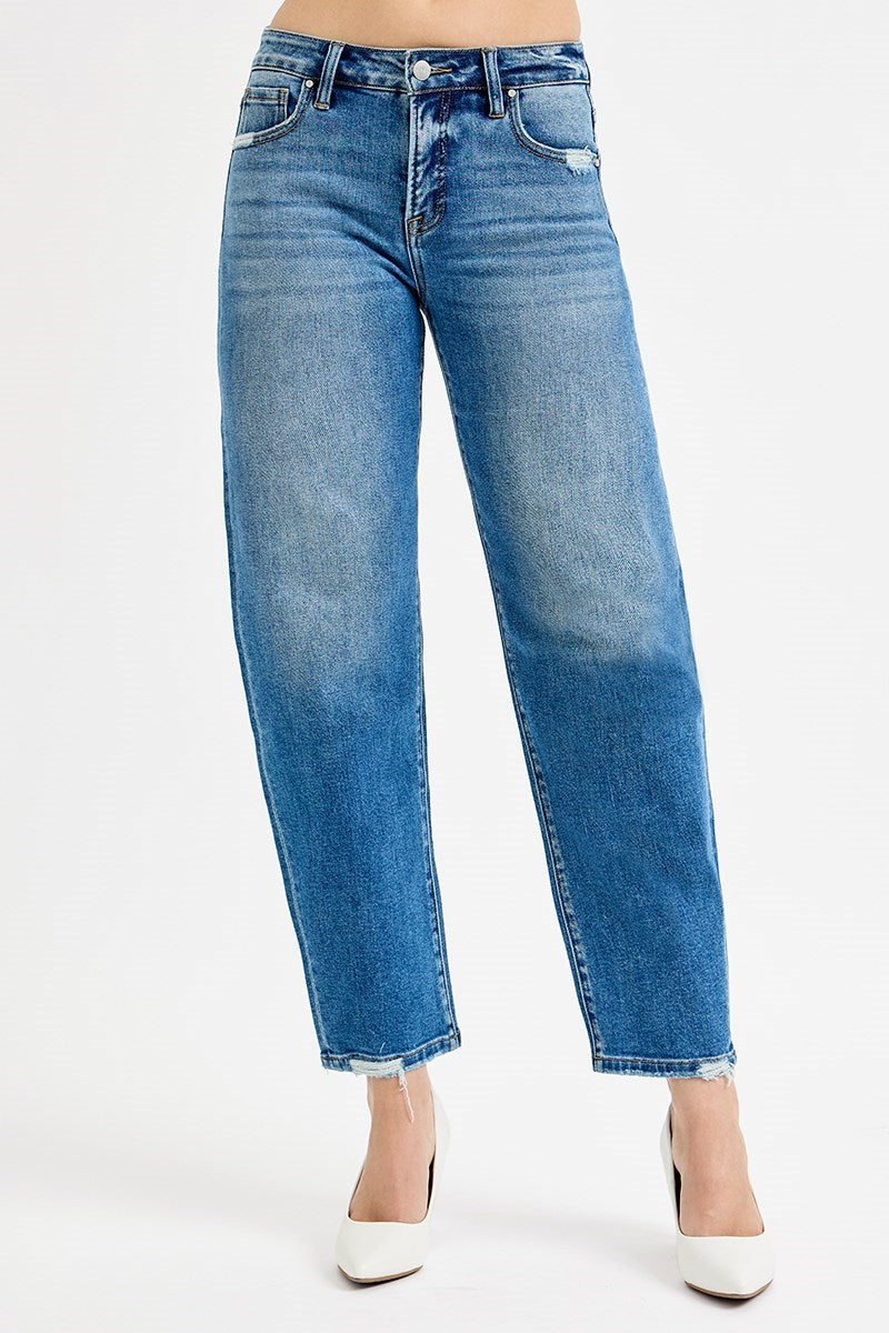 Medium Blue Tummy Tuck Barrel Jeans