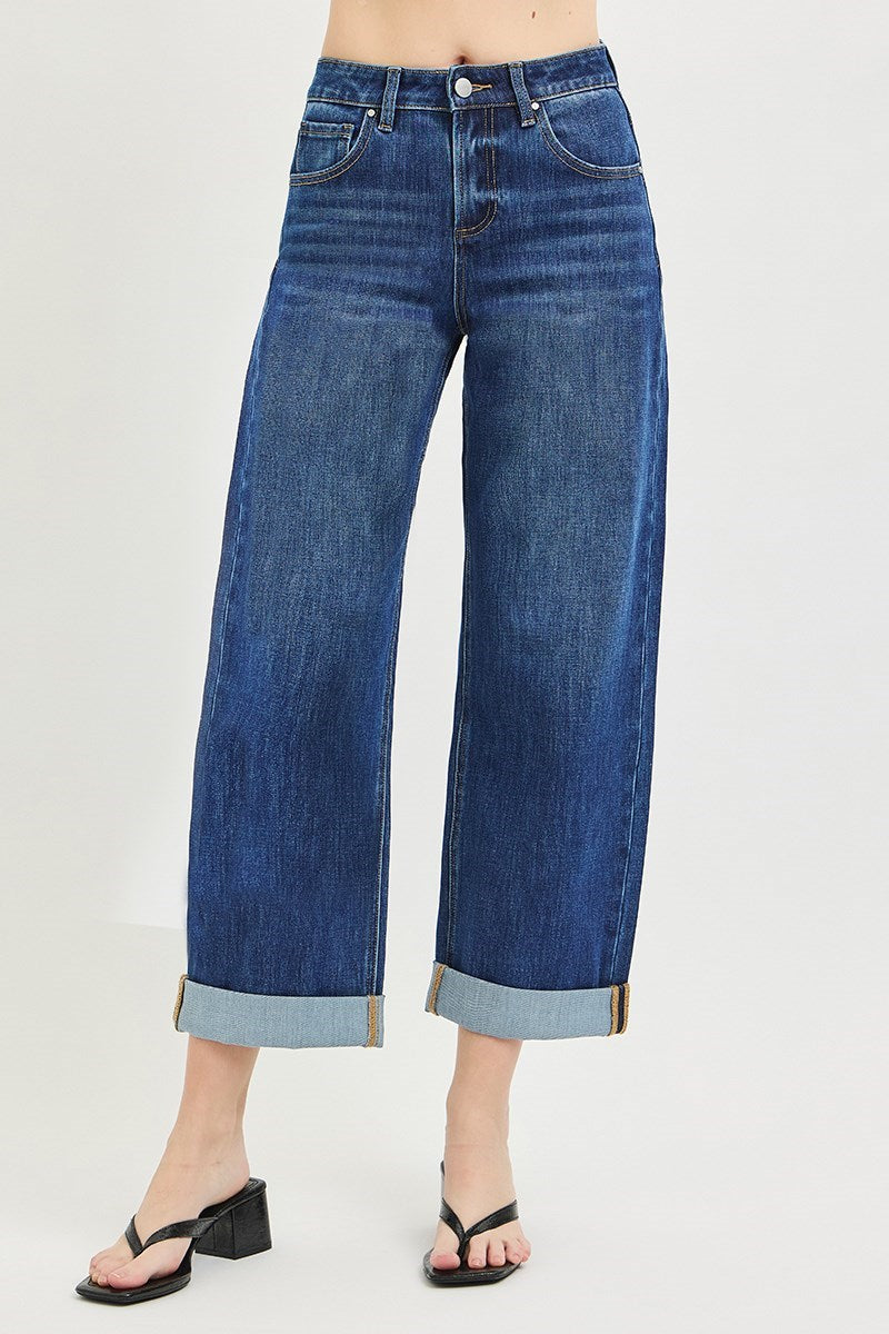 Dark Roll Hem Barrel Jeans