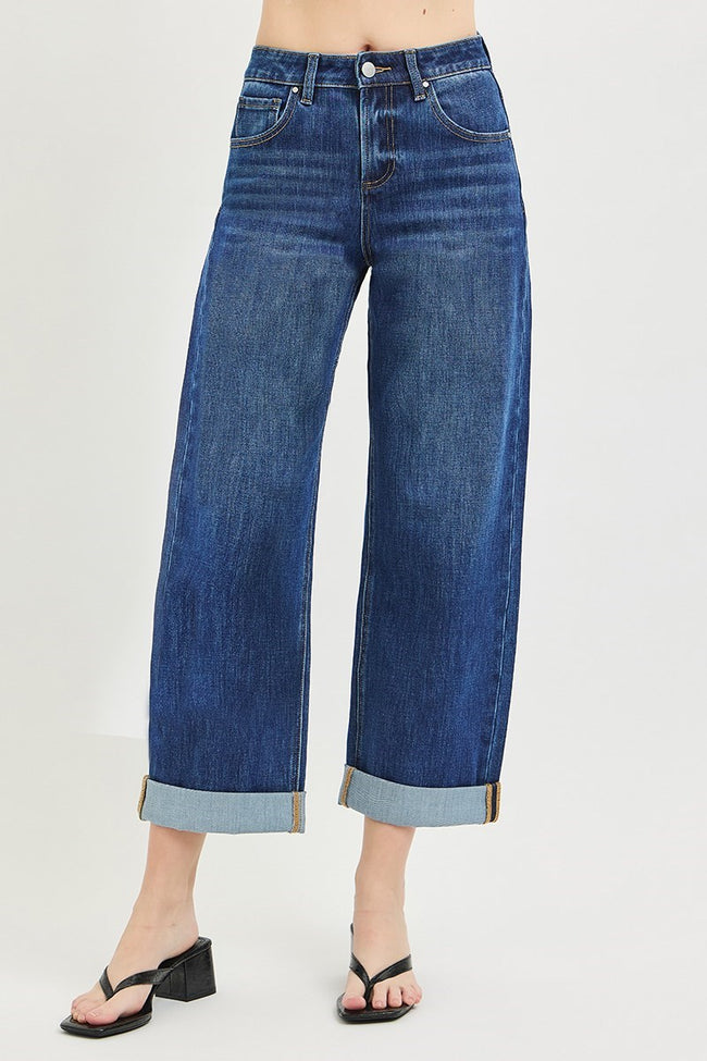 Dark Roll Hem Barrel Jeans