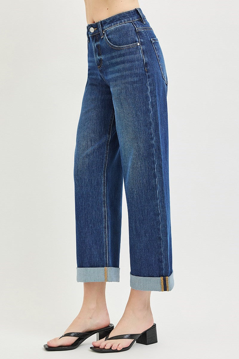 Dark Roll Hem Barrel Jeans