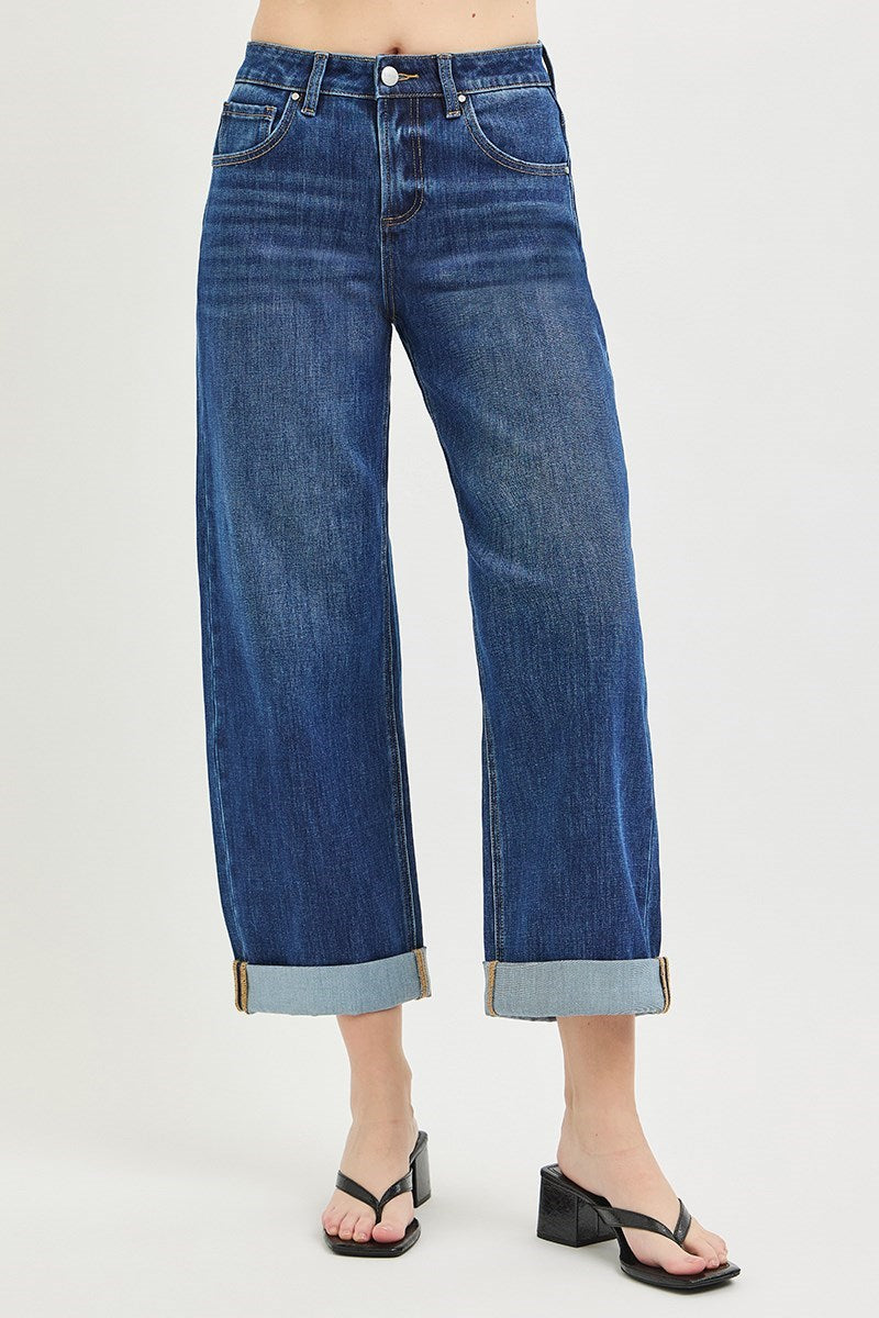 Dark Roll Hem Barrel Jeans