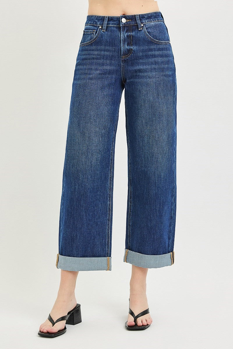 Dark Roll Hem Barrel Jeans