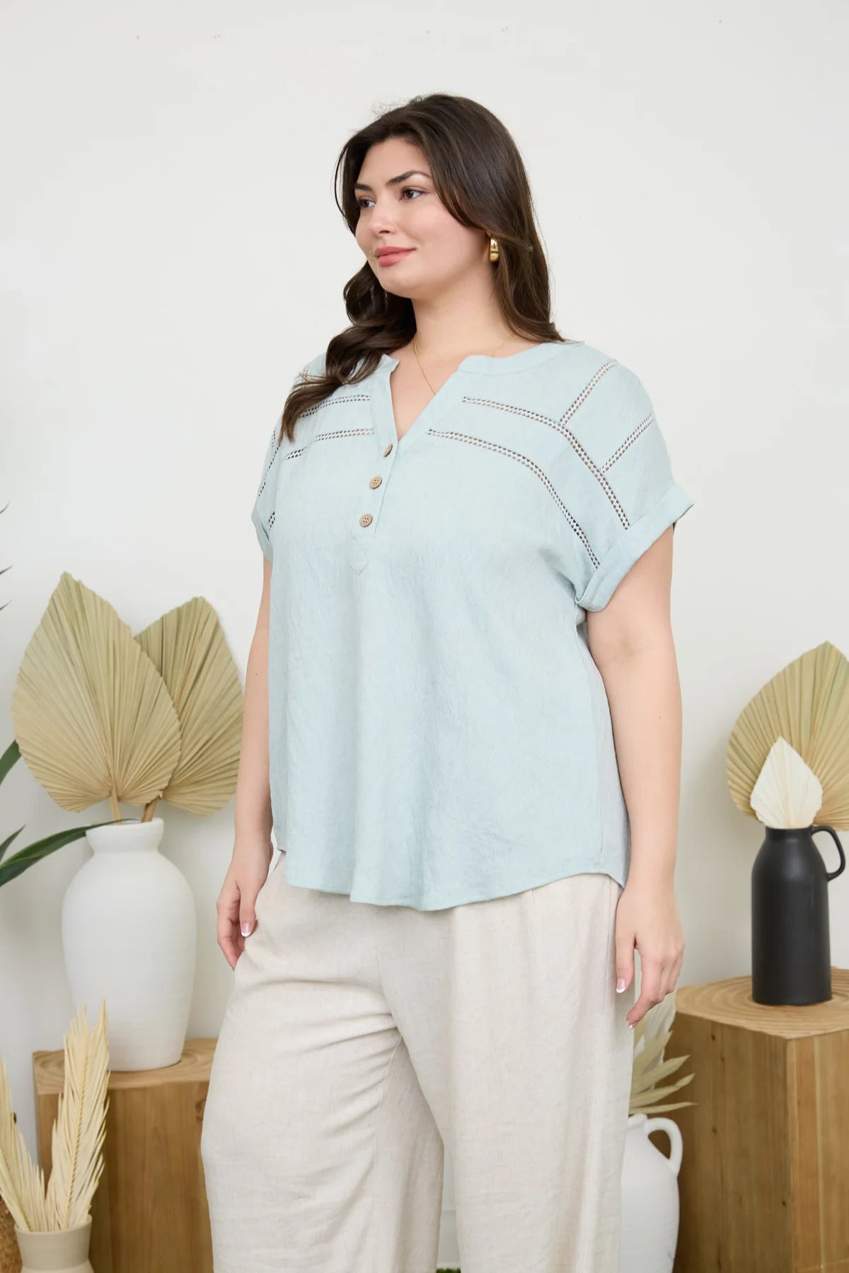 Mint Crochet Detail Button Top