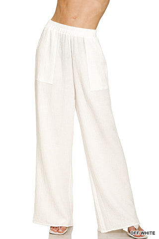 Linen Embroidered Wide Leg Pants