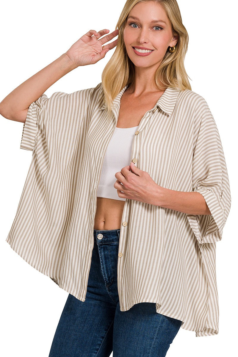 Natural Stripe Wood Button Up Top