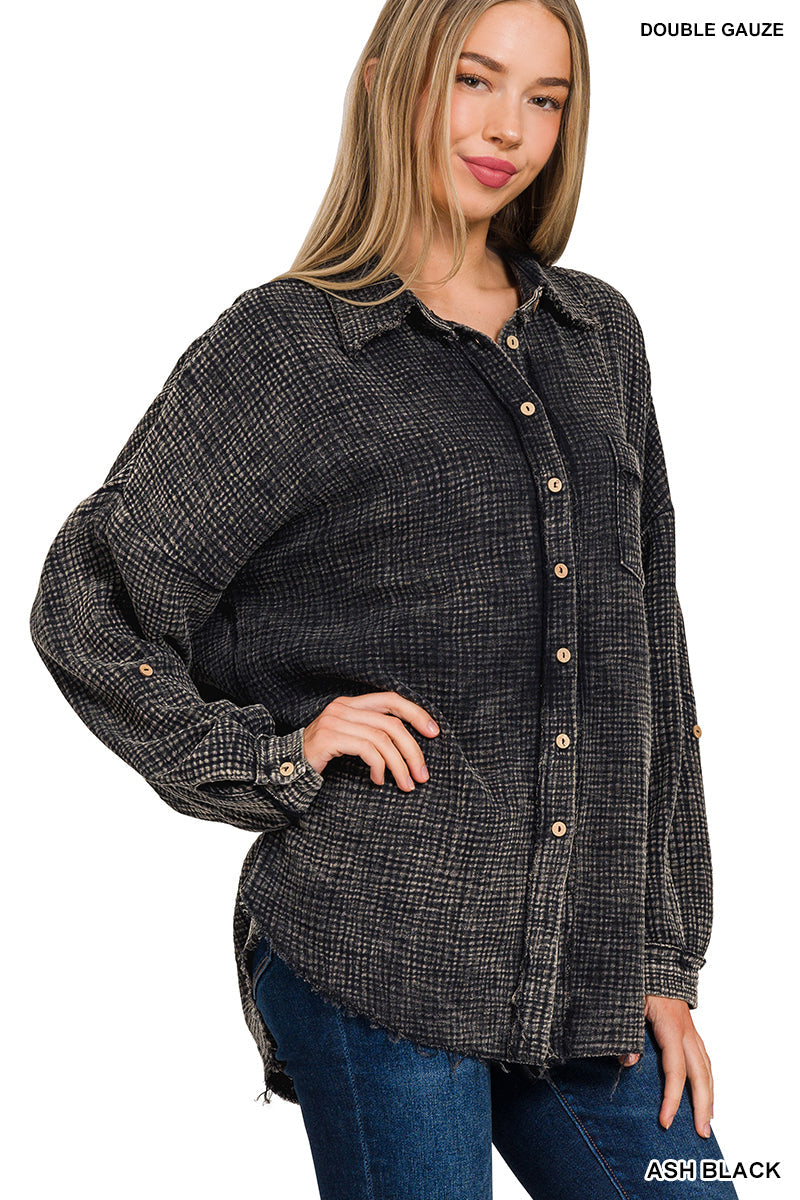 Raw Edge Gauze Button Up Top