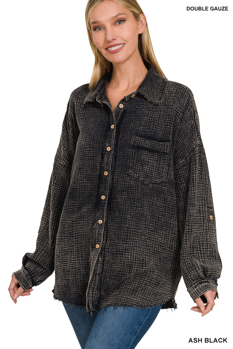 Raw Edge Gauze Button Up Top