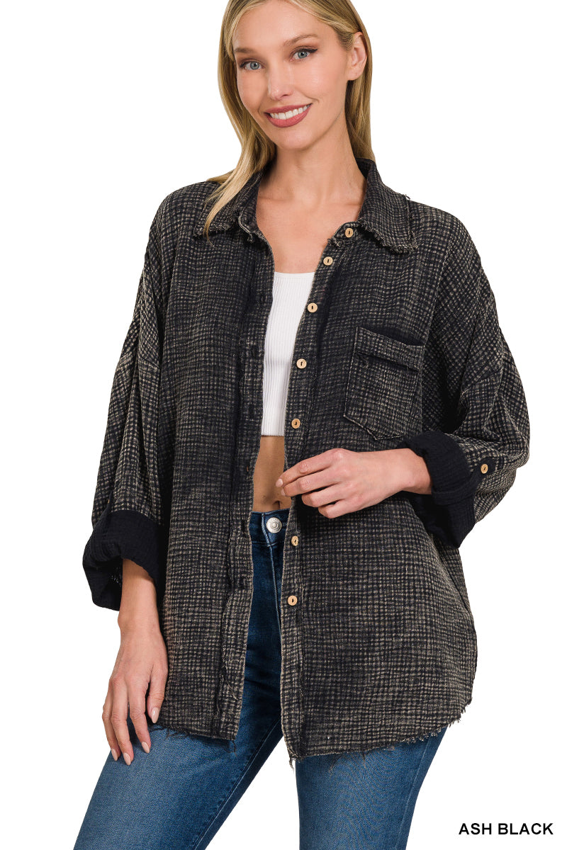 Raw Edge Gauze Button Up Top