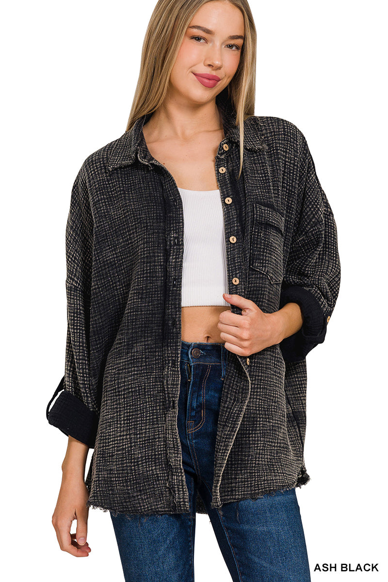 Raw Edge Gauze Button Up Top