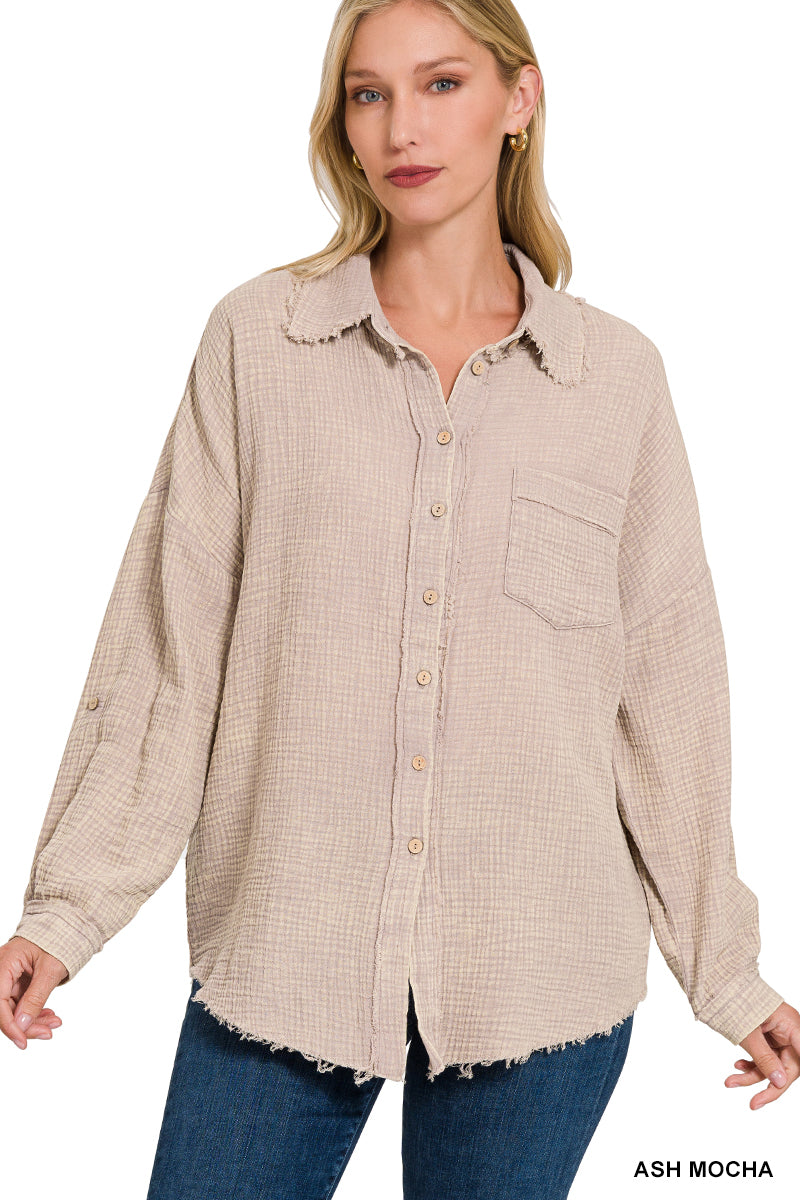 Raw Edge Gauze Button Up Top