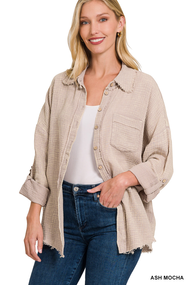 Raw Edge Gauze Button Up Top