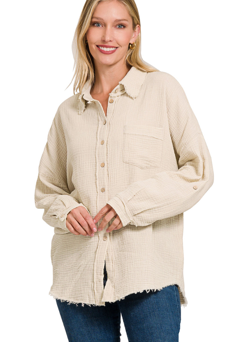 Muslin Raw Edge Wood Button Up