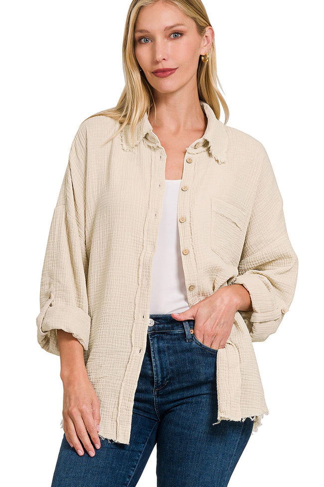 Muslin Raw Edge Wood Button Up