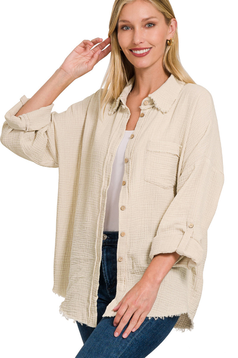 Muslin Raw Edge Wood Button Up