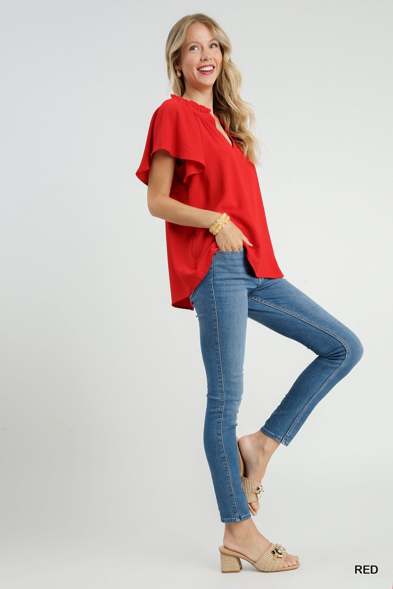 Red Flutter Sleeve Top