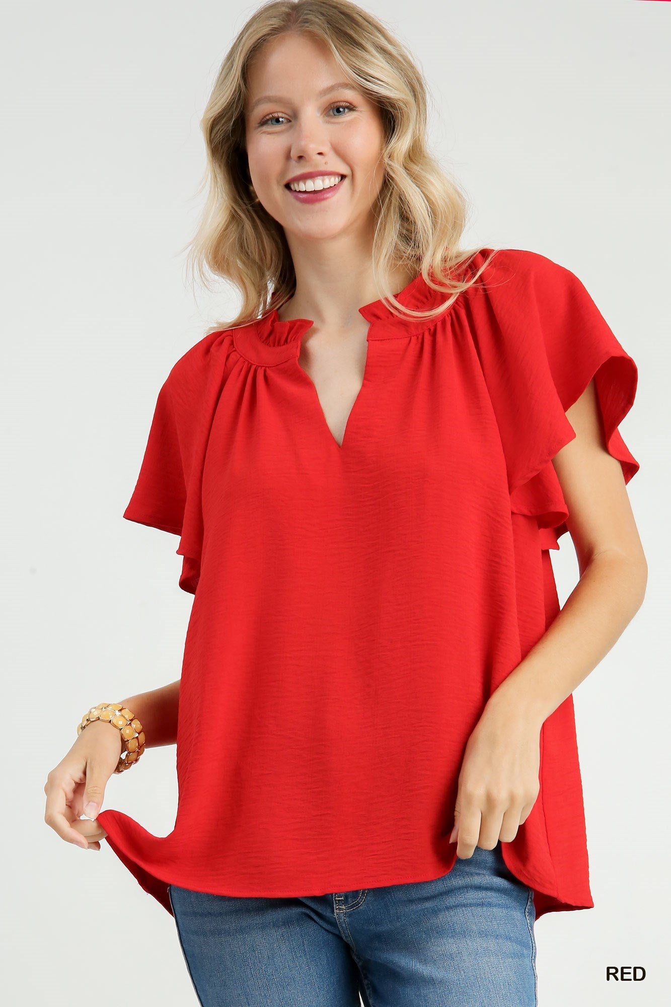 Red Flutter Sleeve Top