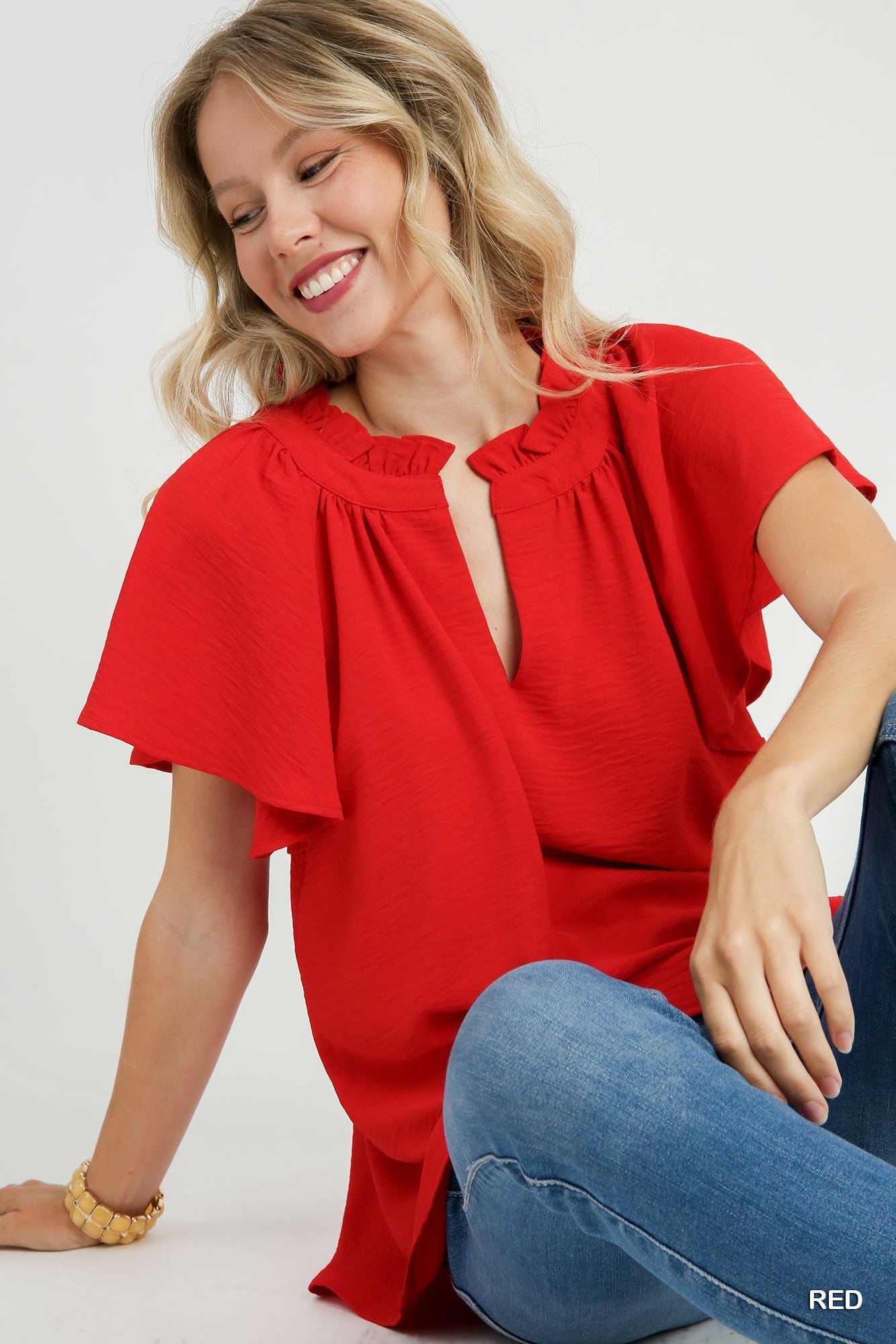 Red Flutter Sleeve Top