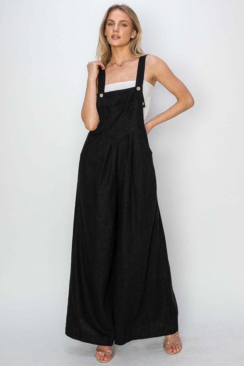 Linen Wood Button Overalls