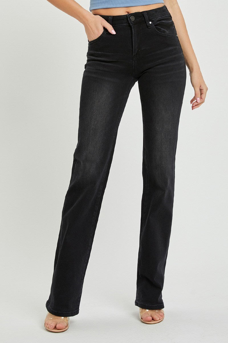 Black Mid Rise Straight Leg Jeans