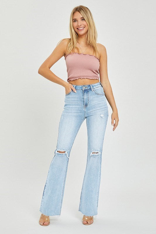 High Rise Light Distressed Flare Jeans