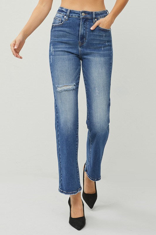 Dark Wash Distressed Straight Jeans