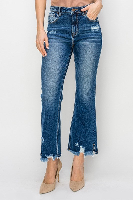 High Rise Dark Ankle Kick Flare Jeans
