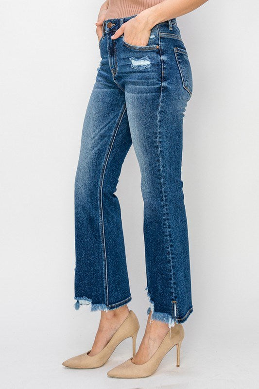 High Rise Dark Ankle Kick Flare Jeans