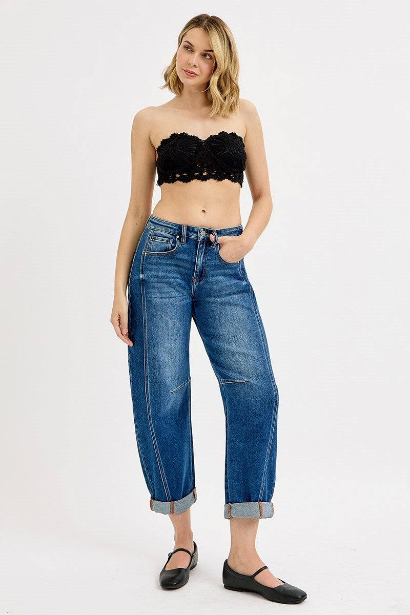 Medium Wash Panel Barrel Jeans