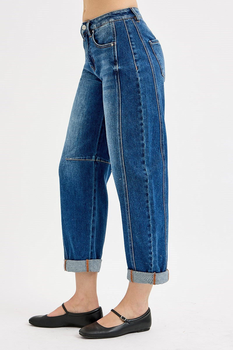Medium Wash Panel Barrel Jeans