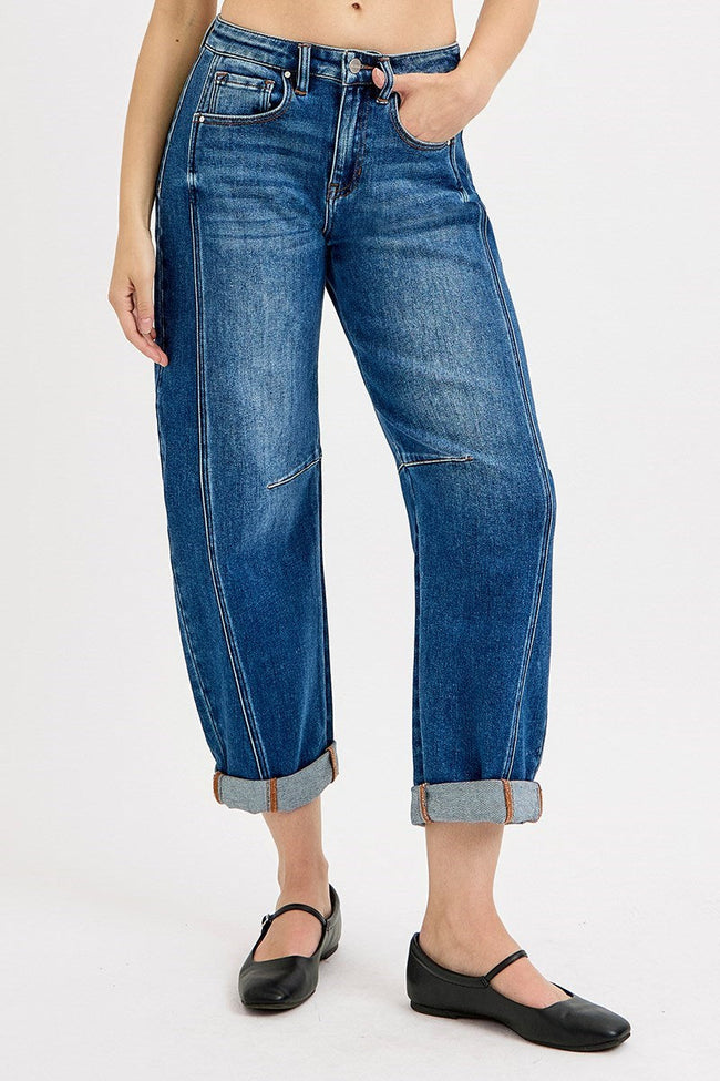 Medium Wash Panel Barrel Jeans