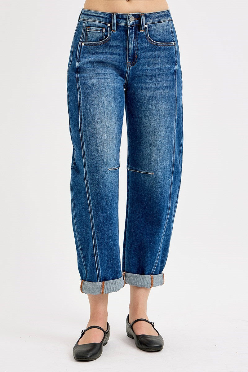 Medium Wash Panel Barrel Jeans