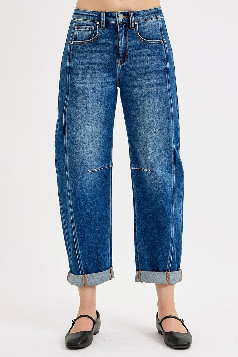 Medium Wash Panel Barrel Jeans