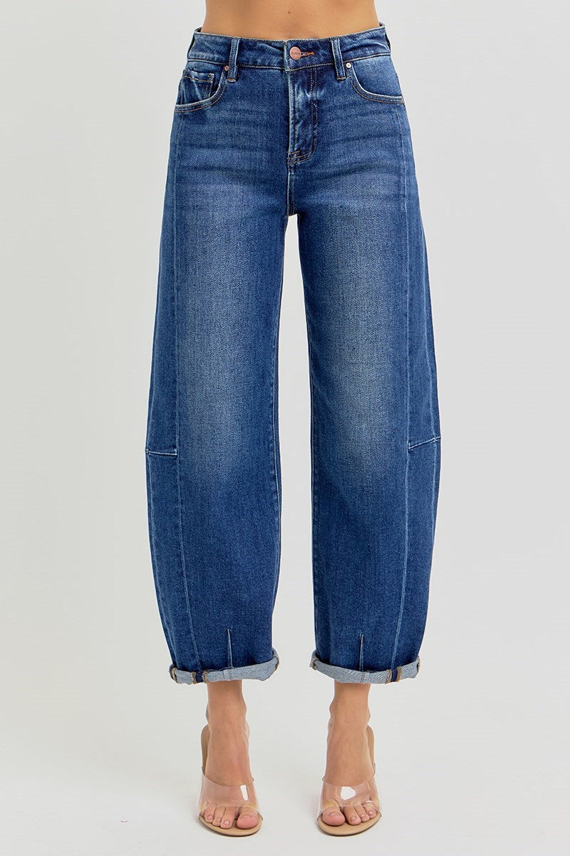 Medium Wash Panel Barrel Jeans