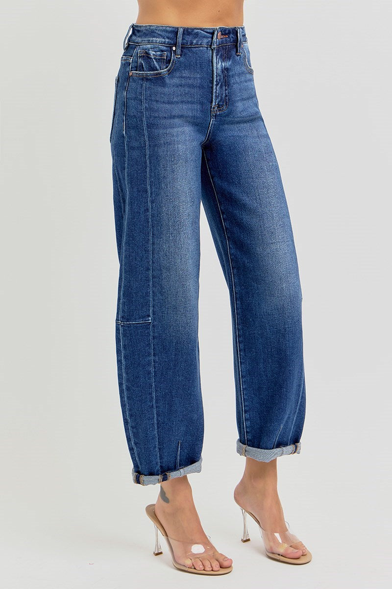 Medium Wash Panel Barrel Jeans