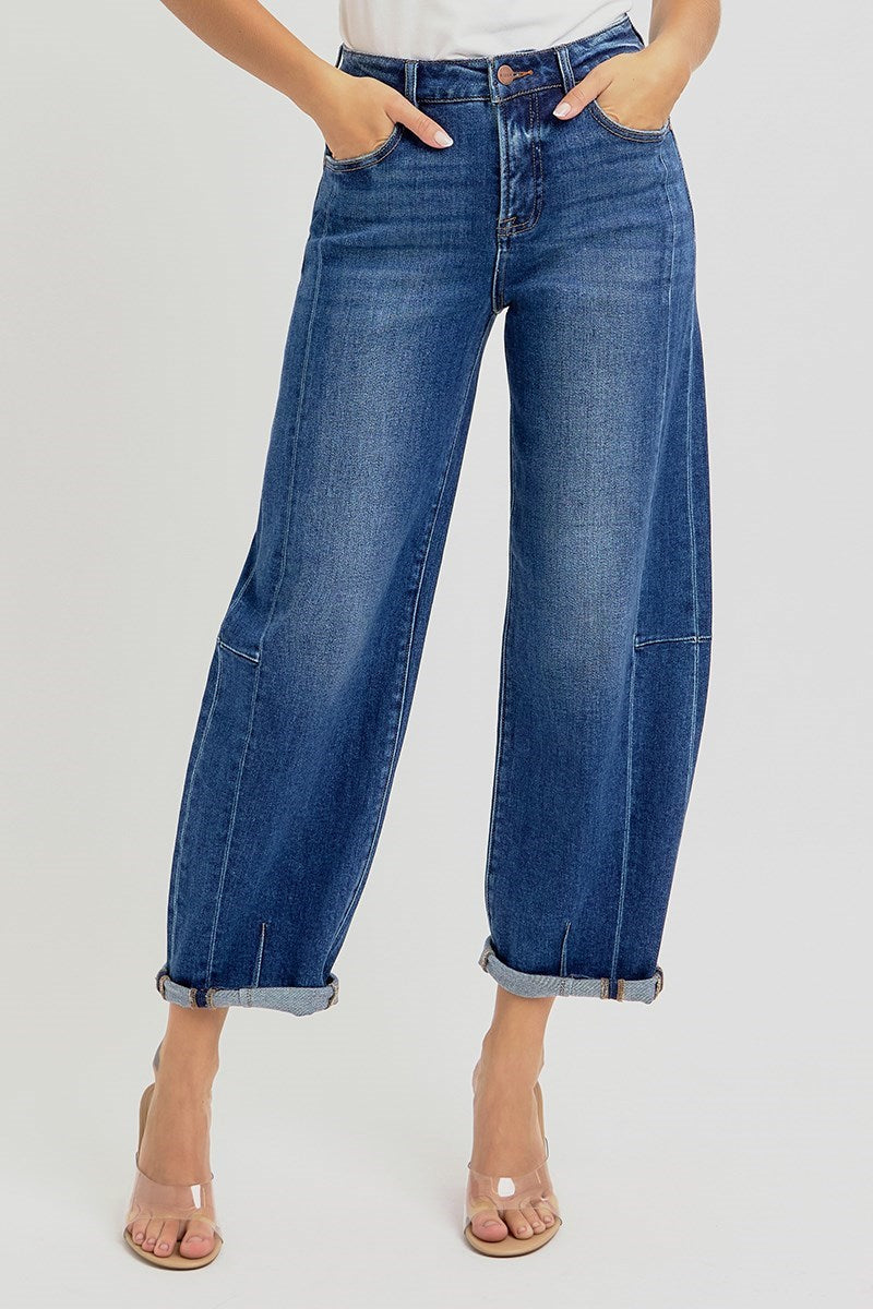 Medium Wash Panel Barrel Jeans