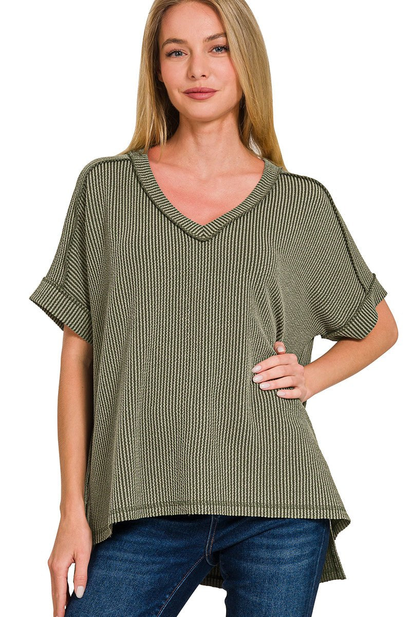 Ribbed Cuff Sleeve V-Neck Top