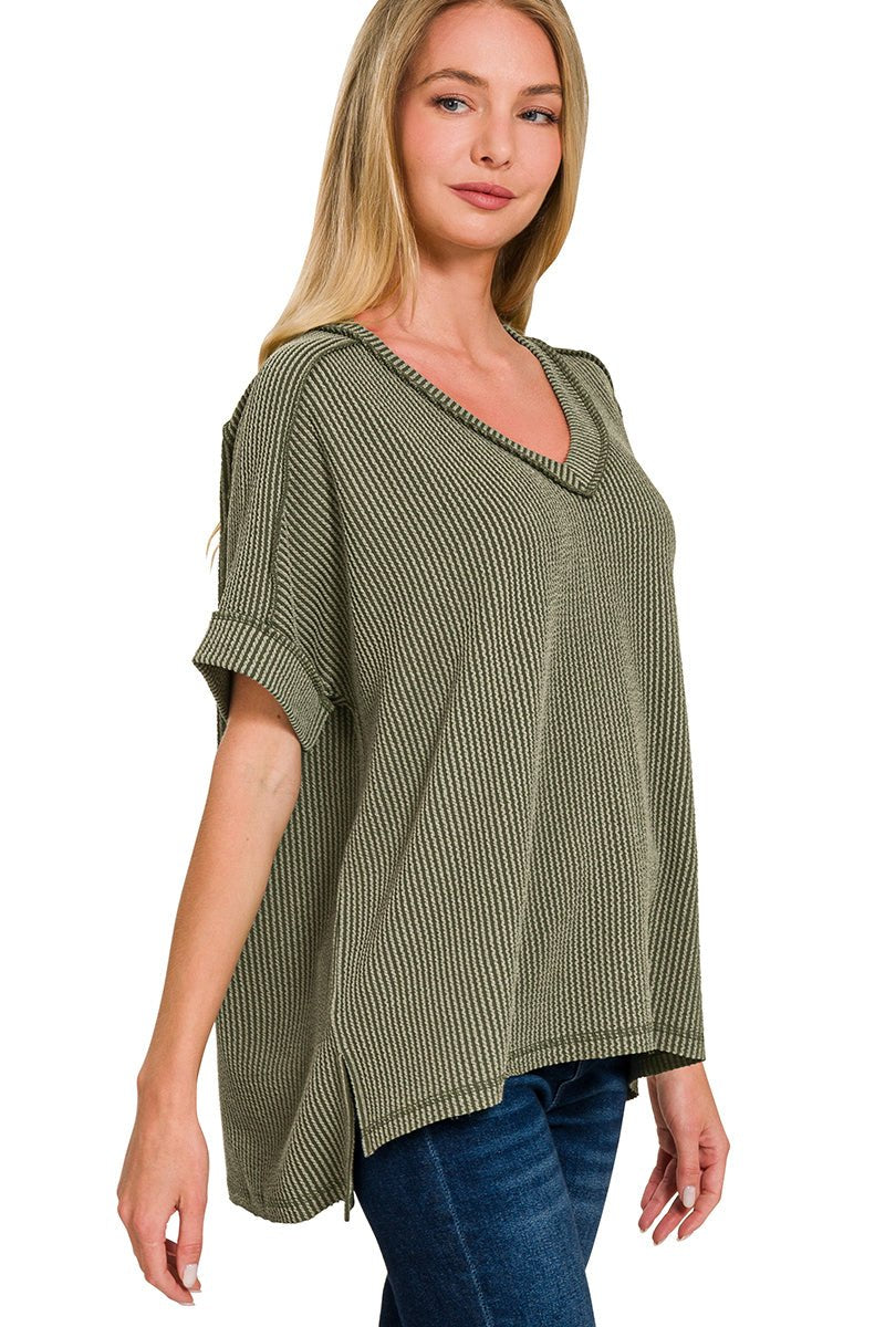 Ribbed Cuff Sleeve V-Neck Top