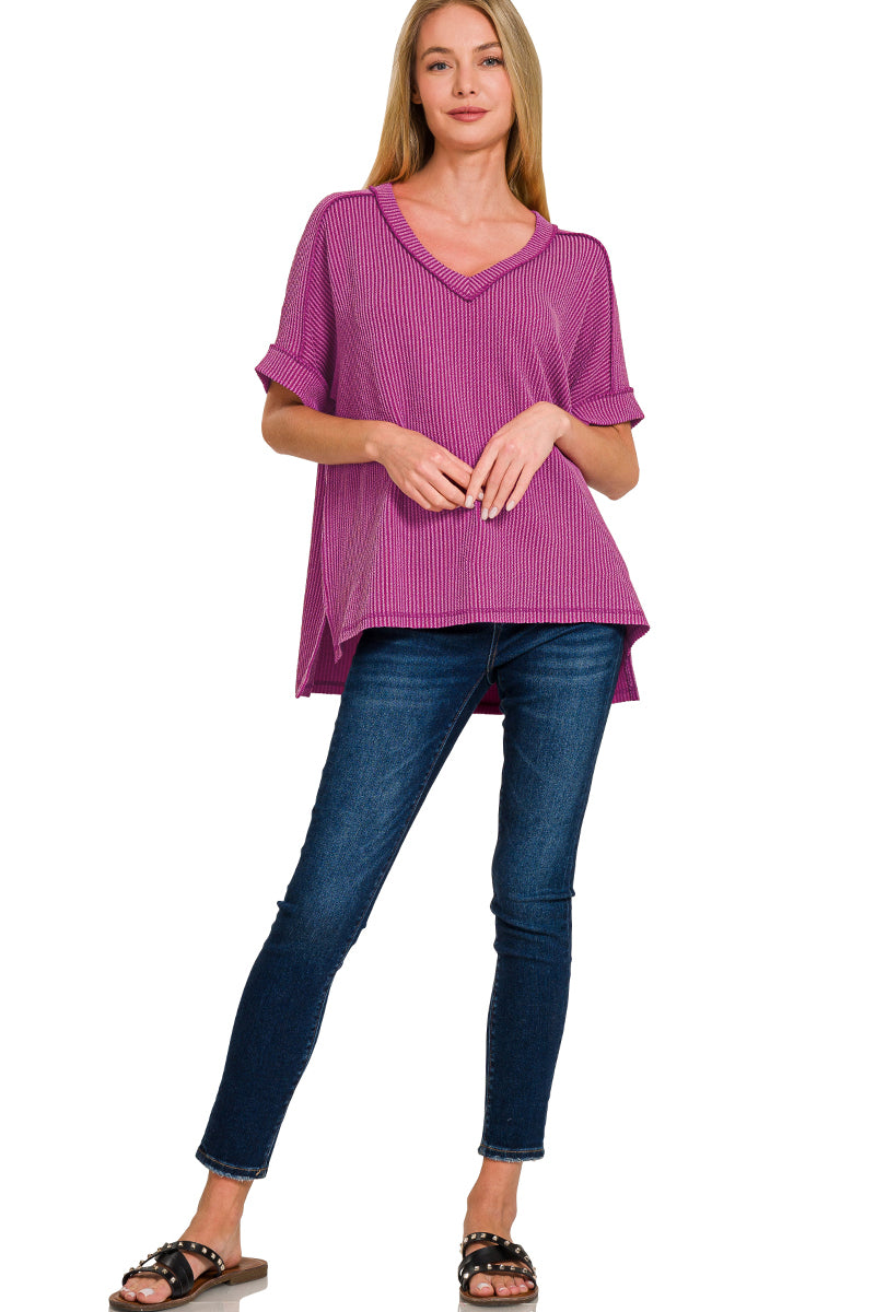 Ribbed Cuff Sleeve V-Neck Top