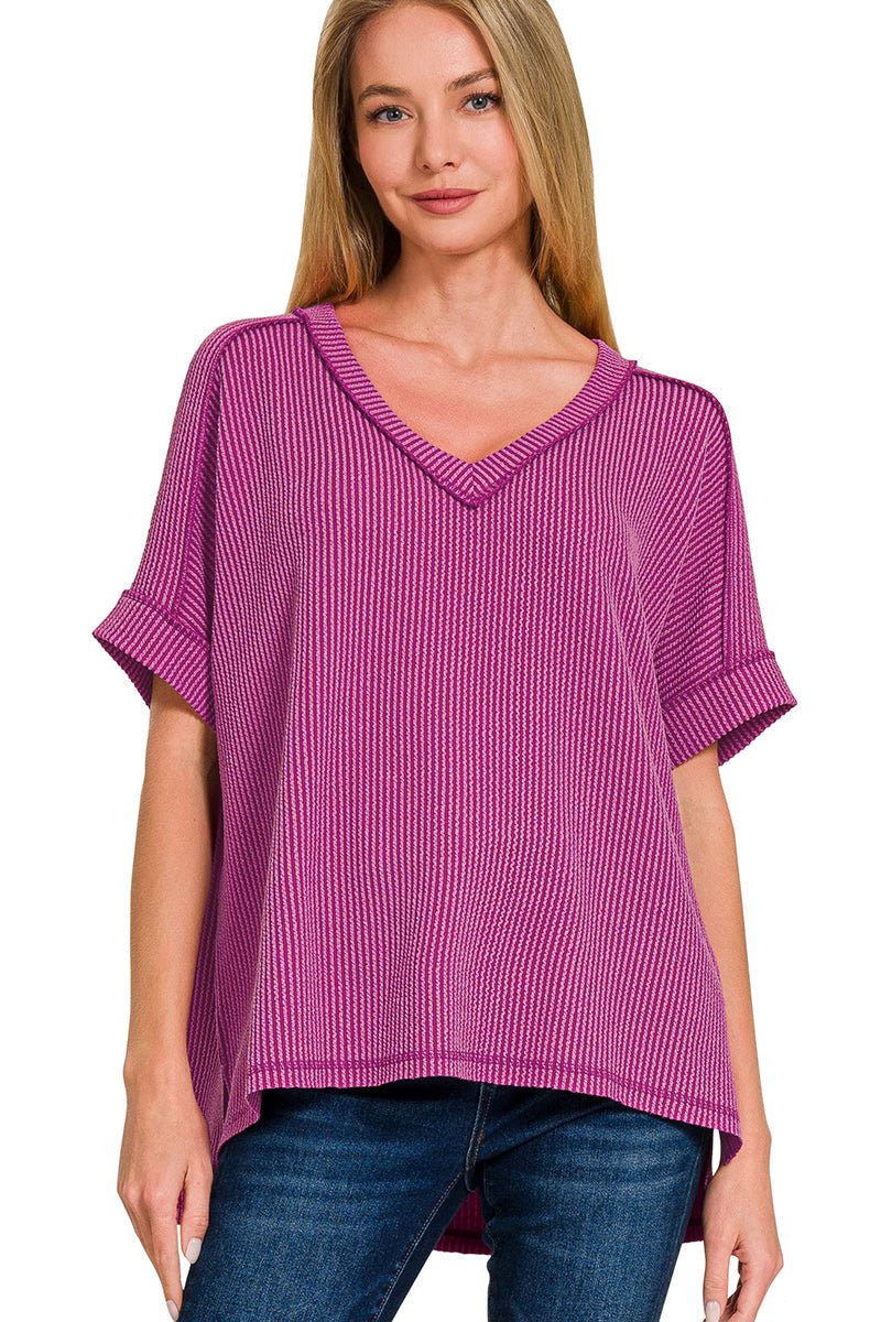 Ribbed Cuff Sleeve V-Neck Top