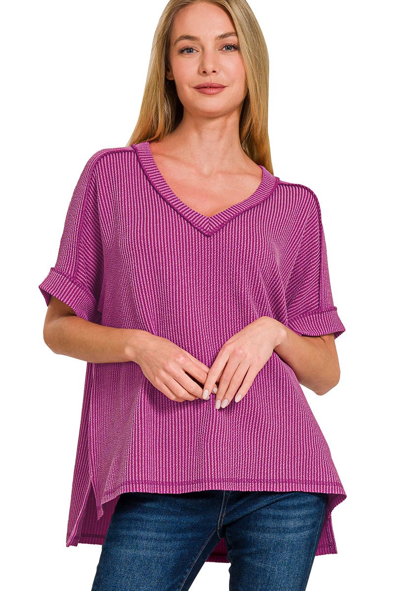 Ribbed Cuff Sleeve V-Neck Top