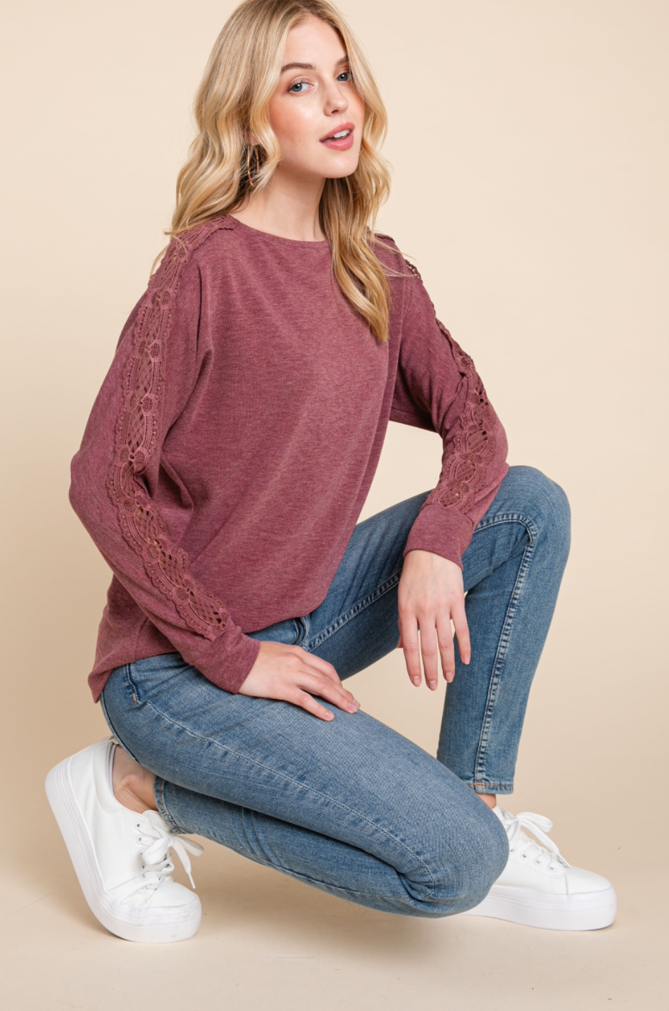 Berry Lace Sleeve Trim Top