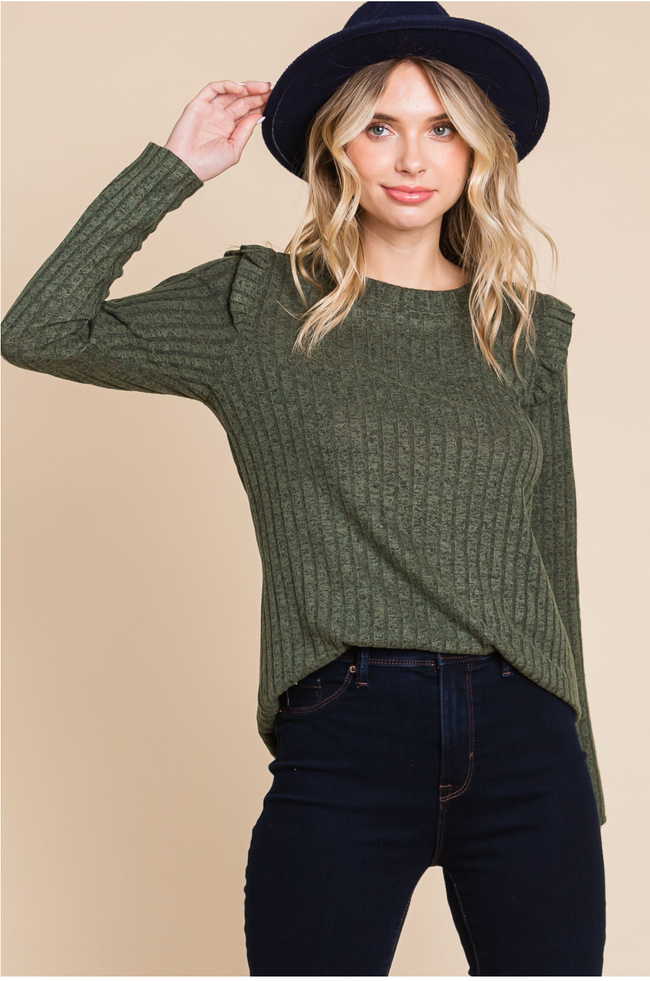 Olive Ribbed Flutter Sleeve Knit Top