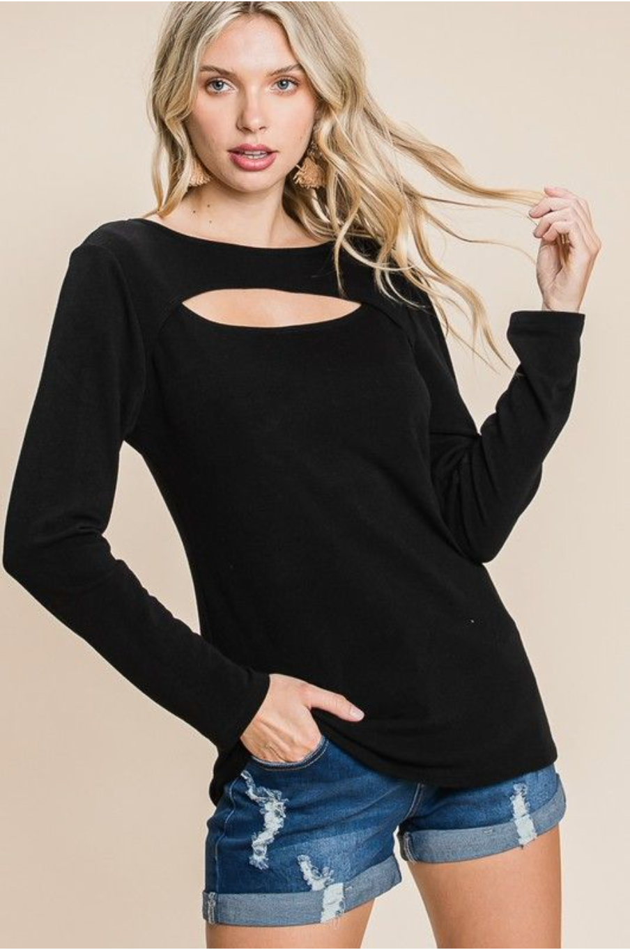 Black Long Sleeve Peek-A-Boo Top