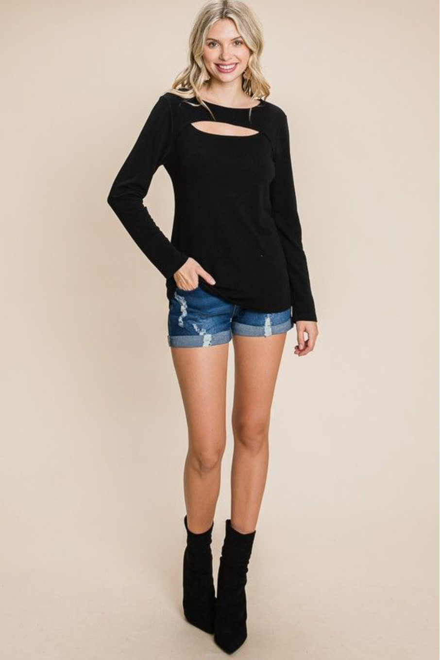 Black Long Sleeve Peek-A-Boo Top