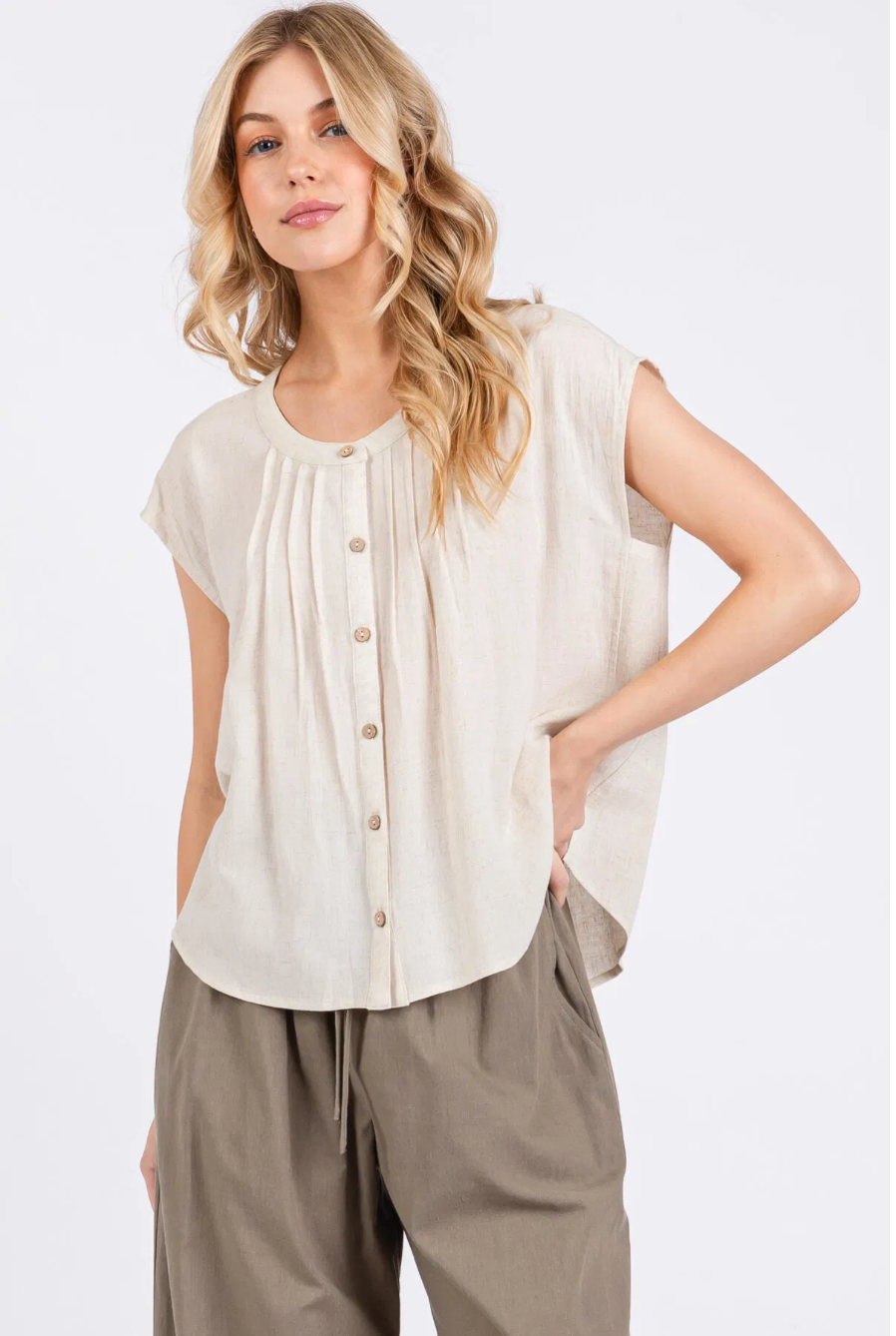 Linen Wood Button Pintuck Top