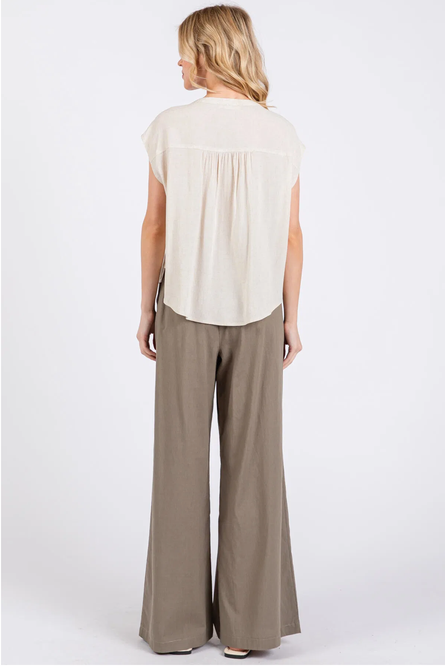 Linen Wood Button Pintuck Top